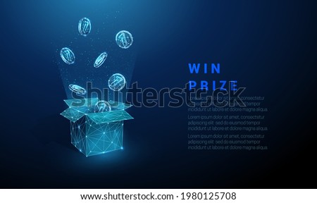 Abstract blue coins flying from open gift box . Money prize. Low poly style design. Geometric background. Wireframe light connection structure. Modern 3d graphic concept. Isolated vector illustration.