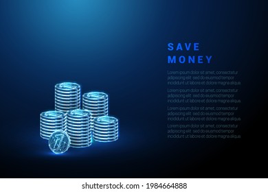 Abstract blue coins stacks. Saving money concept. Low poly style design. Blue geometric background. Wireframe light connection structure. Modern 3d graphic. Isolated vector illustration.