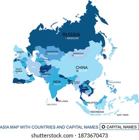 Abstract blue color map of Asia with countries and capital name,border.Detailed vector modern illustration can be use for presentation,report,t-shirt,poster or geographical templates