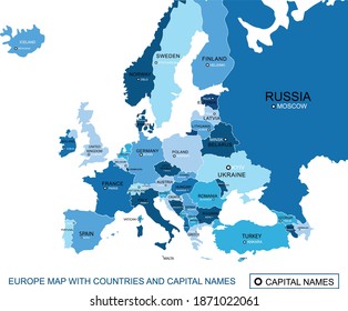 Abstract blue color map of continent Europe with states and capital name,border.Detailed vector modern illustration can be use for presentation,report,chart,t-shirt,poster or geographical templates