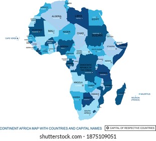 Abstract blue color map of continent Africa with states and capital name,border.Detailed vector modern illustration can be use for presentation,report,chart,t-shirt,poster or geographical templates