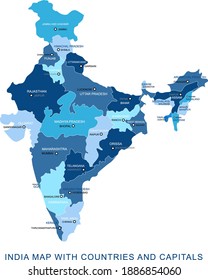 Abstract blue color map of India with states and capital name,border.Detailed vector modern illustration can be use for presentation,report,t-shirt,poster or geographical templates