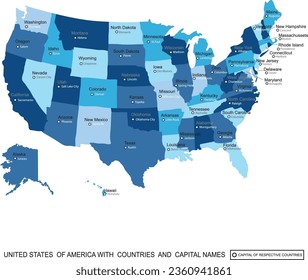 Mapa de color azul abstracto de los estados unidos de América con estados y nombre de capital, borde.Se puede usar ilustración moderna vector detallada para presentación, informe, camiseta, afiche o plantillas geográficas