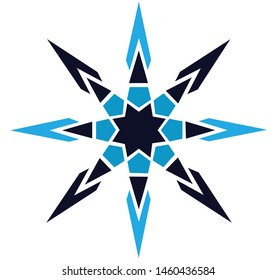 Abstract blue colored crystallic 8 pointed chaos sun compass star symbol icon logo