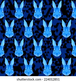 Abstract blue colored polygonal rabbit seamless pattern background