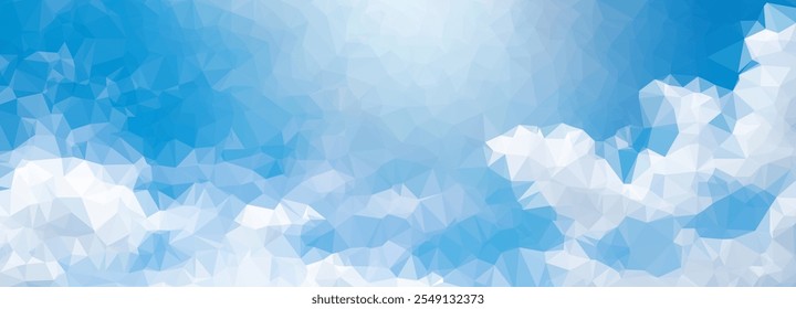 Abstract blue colorful 2d polygonal sky background with clouds. Minimalistic geometric triangle mosaic pattern in bright colors. Fit for banner or card design. Vector illustration