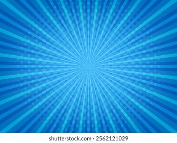 Abstract Blue Comic background. Pop art Halftone texture. Explosion cartoon pattern. Dotted gradient. Radial Rays