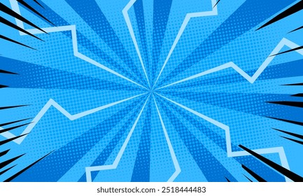 abstract blue comic background with rays and lightning 