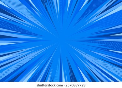 Abstract Blue Comic Book Style Background. Modern creative pop art rays halftone style background. Clean anime halftone backdrop