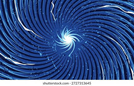 Abstrakter blauer Comic-Swirl-Hintergrund mit einem zentralen Lichtportal, leuchtenden Blitzen und strukturierten Spiralbewegungslinien.