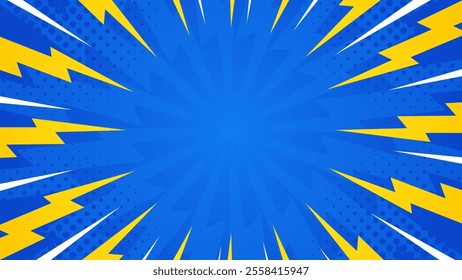 Abstract blue comic lightning effect background with halftone. Pop art comic-style vector background. Suitable for templates, sale banners, events, ads, web and pages