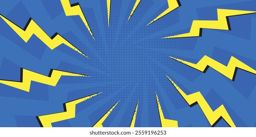 Abstract blue comic lightning effect background with halftone. Pop art comic-style vector background. Suitable for templates, sale banners, events, ads, web and pages
