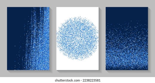 Abstract blue confetti powder scatter texture. Triangle square circle star particles vector. Banner template. Glittering grit elements dust confetti. Birthday decoration bright splash