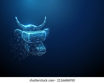 Abstract blue cow wears virtual reality glasses. Agriculture technologies. Low poly style. Geometric background. Wireframe light connection structure. Modern 3d graphic concept. Vector illustration.