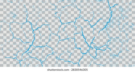 Abstract blue crack pattern on a transparent background, ideal as an overlay or texture for design, web, and print projects. Features fine fissures, networked veins and a distressed, glass-like effect.

