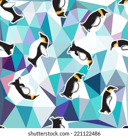 abstract blue crystal ice background with penguin. seamless pattern, use as a surface texture