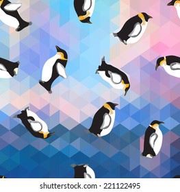 abstract blue crystal ice background with penguin. seamless pattern, use as a surface texture