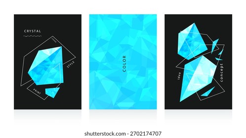 Triângulos de cristal azul abstratos em preto - cobertura vetorial moderna