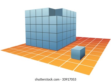 An abstract blue cube chosen from stacks of puzzle boxes or cartons on a grid tile floor.