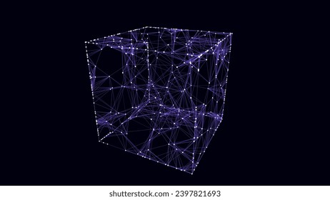 Abstract blue cube on black background. Wireframe square structure with glowing particles and lines. Futuristic digital illustration. Vector illustration.