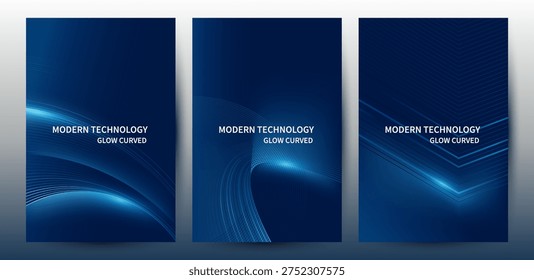 Abstract Blue Curve Technology Poster and Cover Template Set with Glowing Lines