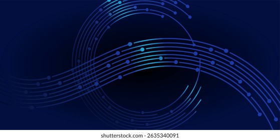 Abstract blue curved lines dots on dark background