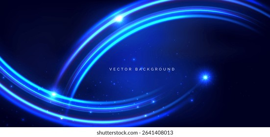 Abstract blue curved motion lighting effect on dark blue background. Vector illustration