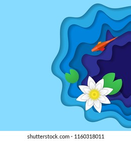 Abstract blue cut paper background with gold fish and lilly flower