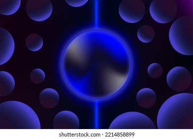 Abstract Blue Cyber Background with 3d gradient spheres and neon  lighting frame. Dimensional warp concept banner. Alien Neon wallpaper. Vector Illustration. EPS 10.