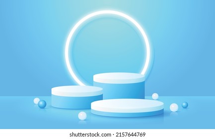 Abstract blue cylinder podium. Product display presentation, show cosmetic product. Background vector 3d studio room concept.