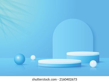 Abstract blue cylinder podium. Product display presentation, show cosmetic product. Background vector 3d studio room concept.