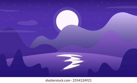 Abstract Blue Dark Landscape Background Banner Mountains Full Moon Lake Stars  Night Sky Vector Design