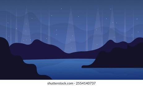 Abstract Blue Dark Landscape Background Banner Mountains Polar Shine Lake Stars  Night Sky Vector Design