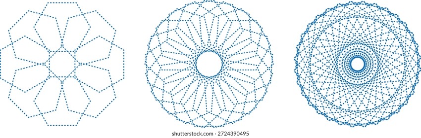 Linha Tracejada Azul Abstrata Mandala Geométrico e Conjunto de Vetor de Estrela Radial