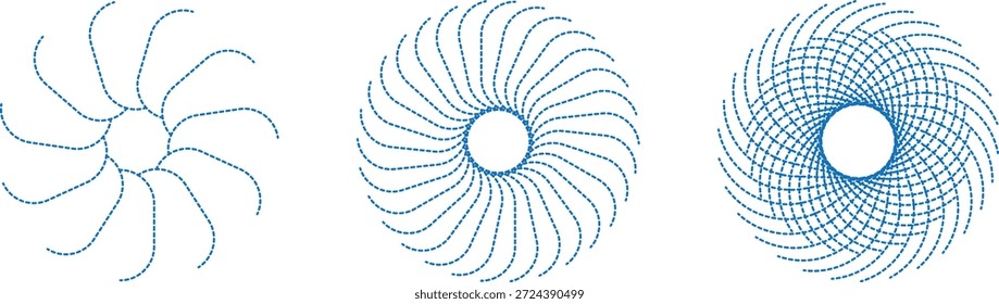 Espiral radial de linha tracejada azul abstrata e conjunto de ilustração de vetor de explosão solar