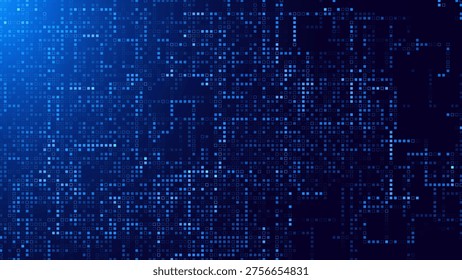 Abstract Blue Data Flow Connections Circuit Pixel Mosaic Grid. Glowing Digital Dots Technology Backdrop. Digital Electronics Abstract Circuit. Vector Illustration.