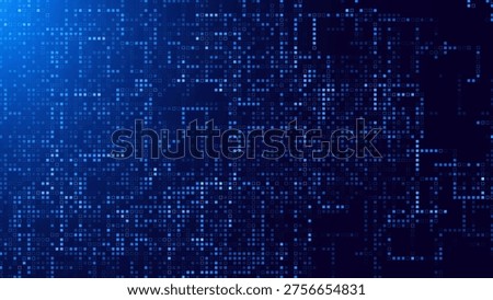 Abstract Blue Data Flow Connections Circuit Pixel Mosaic Grid. Glowing Digital Dots Technology Backdrop. Digital Electronics Abstract Circuit. Vector Illustration.