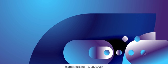 Abstract blue design features curved shapes, gradients, letter D within circles. Modern, dynamic visual composition.