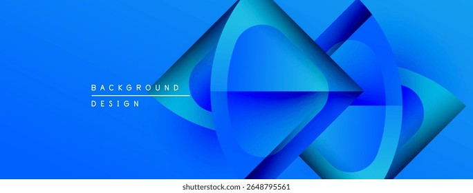 Abstract blue design features dynamic shapes, gradients, modern aesthetic. Minimalist composition suitable for backgrounds, presentations.