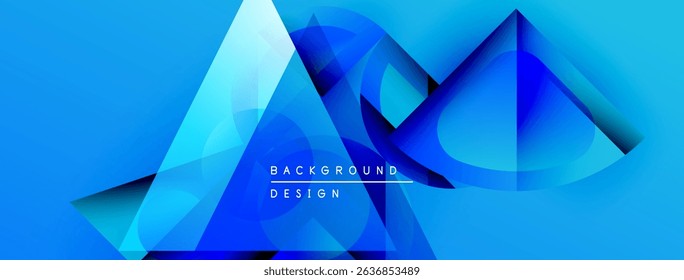 Abstract blue design features geometric shapes, gradients, overlapping layers. Modern aesthetic, dynamic composition, vibrant colors.