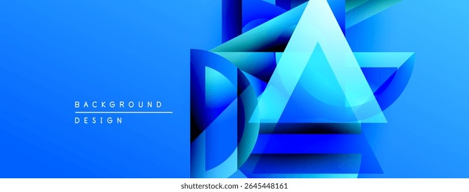 Abstract blue design features geometric shapes, overlapping layers, dynamic composition. Modern aesthetic, vibrant colors, clean presentation.