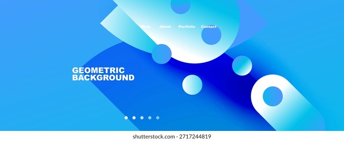 Abstraktes blaues Design mit geometrischen Formen, Textelementen, Navigationsmenü. Moderne Ästhetik geeignet für Website-Header oder Banner.