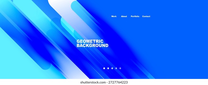 O design azul abstrato apresenta formas geométricas, gradientes. O texto inclui trabalho, sobre, portfólio, opções de contato. Estética moderna.