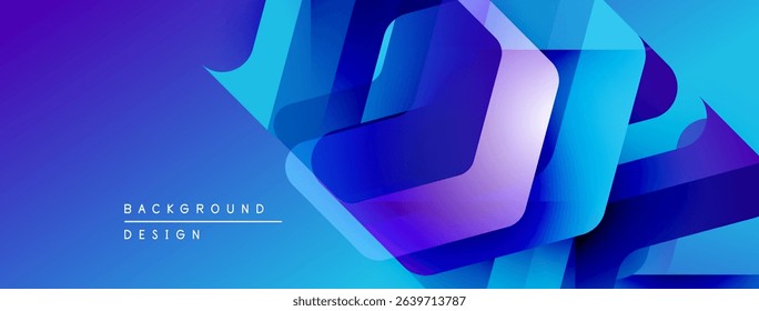 Abstract blue design features layered ribbons, dynamic shapes. Text reads background design. Modern, vibrant visual presentation.