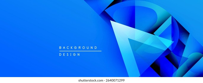 Abstract blue design features layered geometric shapes. Modern style, vibrant colors, dynamic composition. Background elements suggest depth, texture.