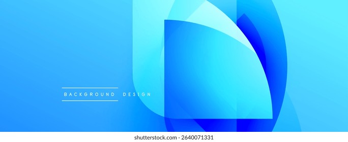 Abstract blue design features layered shapes, gradients. Modern background with text indicating design purpose. Smooth transitions create visual depth.
