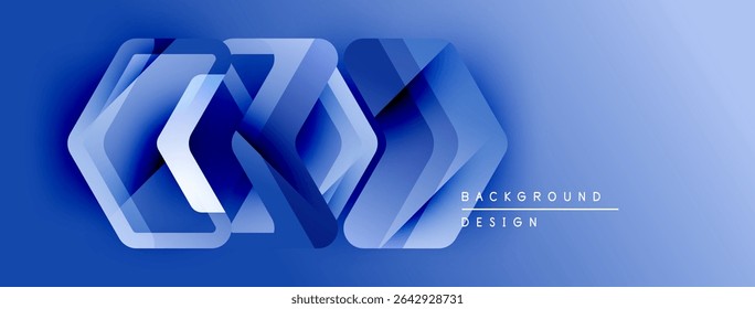 Abstract blue design features layered geometric shapes. Gradient creates depth, modern aesthetic. Text reads background design.