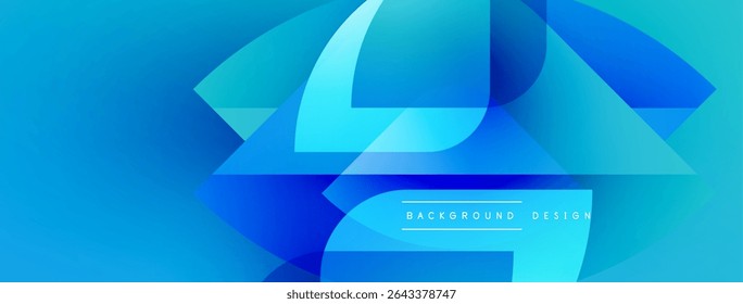 Abstract blue design features layered geometric shapes, creating dynamic visual effect. Gradient colors enhance depth, modern aesthetic.
