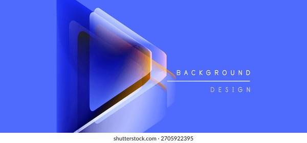 O design azul abstrato apresenta triângulos em camadas. Cores de gradiente criam profundidade, estética moderna. O texto lê o design do plano de fundo.