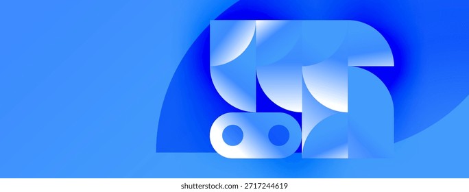 Abstraktes blaues Design mit geschichteten Formen, Kurven, Kreisen. Moderne Ästhetik, lebendige Farbgebung, digitale Illustration.